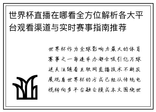 世界杯直播在哪看全方位解析各大平台观看渠道与实时赛事指南推荐