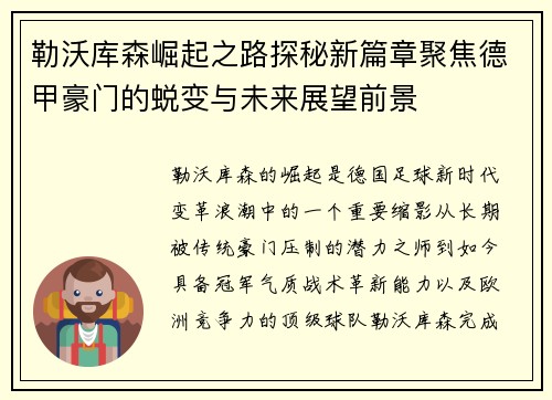 勒沃库森崛起之路探秘新篇章聚焦德甲豪门的蜕变与未来展望前景